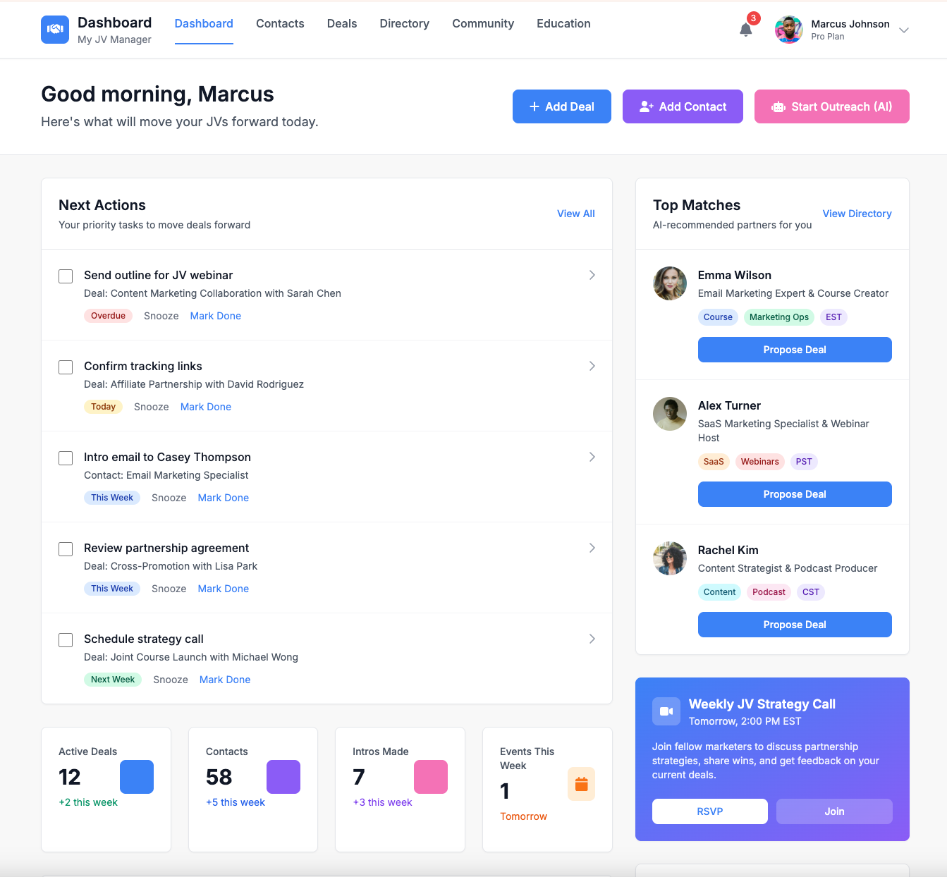 My JV Manager Dashboard showing deal tracking, contact management, and partnership opportunities